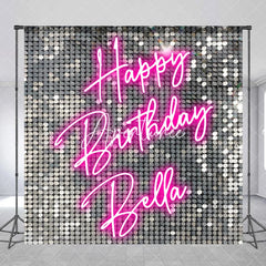 Aperturee - Aperturee Custom Silver Sequin Shimmer Happy Birthday Neon Pink Backdrop Personalized Party Decoration