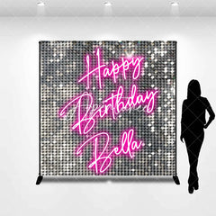 Aperturee - Aperturee Custom Silver Sequin Shimmer Happy Birthday Neon Pink Backdrop Personalized Party Decoration