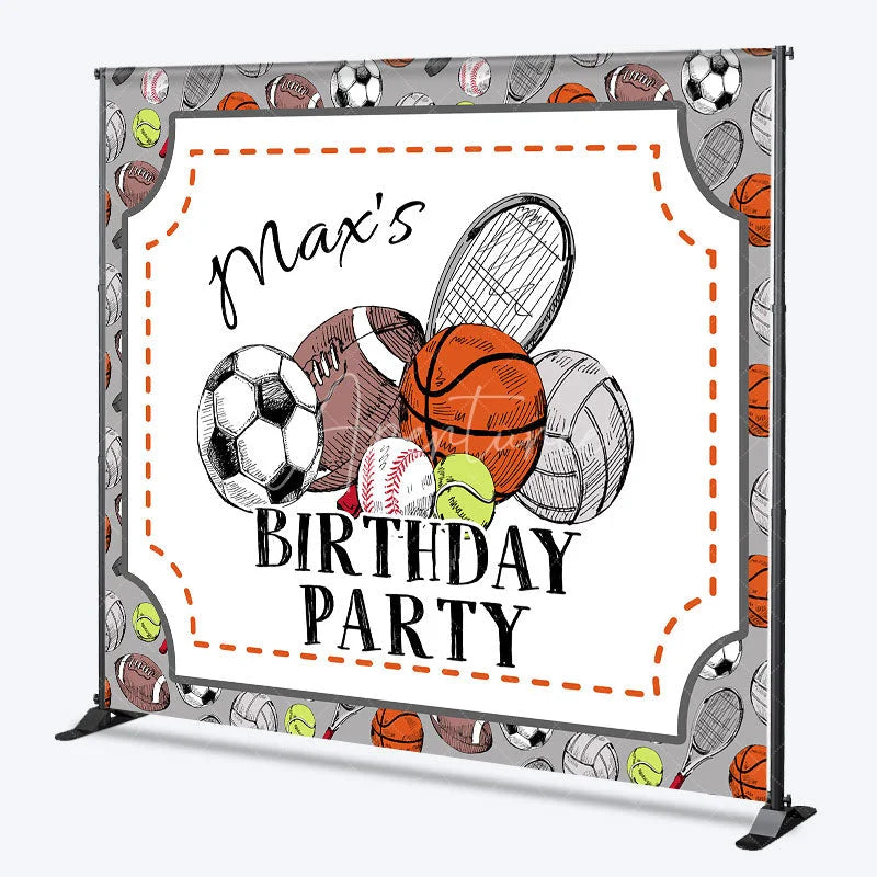Aperturee - Aperturee Custom Sports Theme Birthday Party Backdrop Hand-Drawn Athletic Ball Design Personalized Event Decor