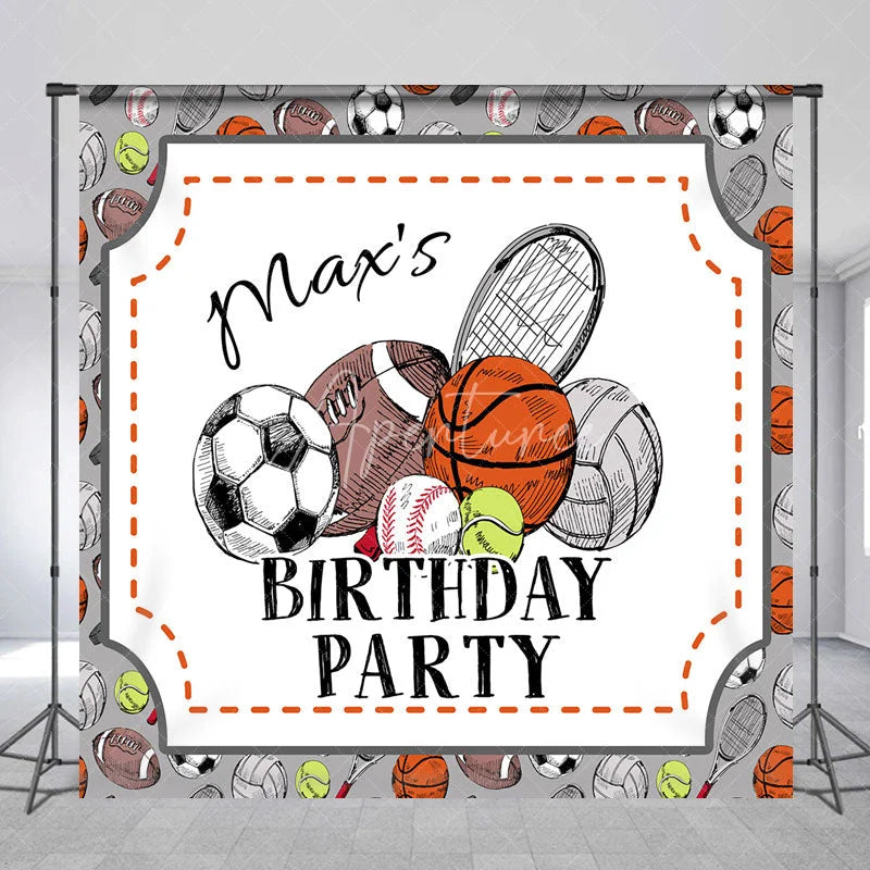 Aperturee - Aperturee Custom Sports Theme Birthday Party Backdrop Hand-Drawn Athletic Ball Design Personalized Event Decor