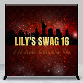 Aperturee - Aperturee Custom Swag 16th Birthday Backdrop New York City Skyline Silhouette and Red Glitter Sparkle Party Banner