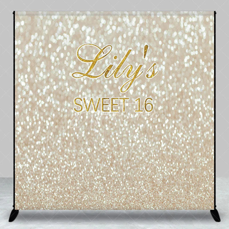 Aperturee - Aperturee Custom Sweet 16 Backdrop Gold Glittery Bokeh Spots Background Personalized Name Sixteenth Birthday Party Decoration