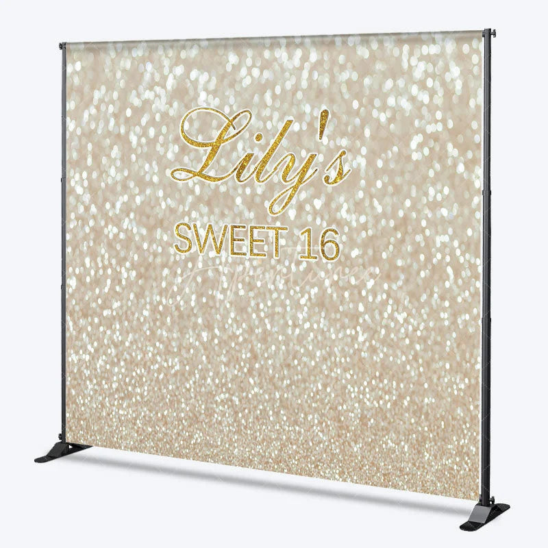 Aperturee - Aperturee Custom Sweet 16 Backdrop Gold Glittery Bokeh Spots Background Personalized Name Sixteenth Birthday Party Decoration