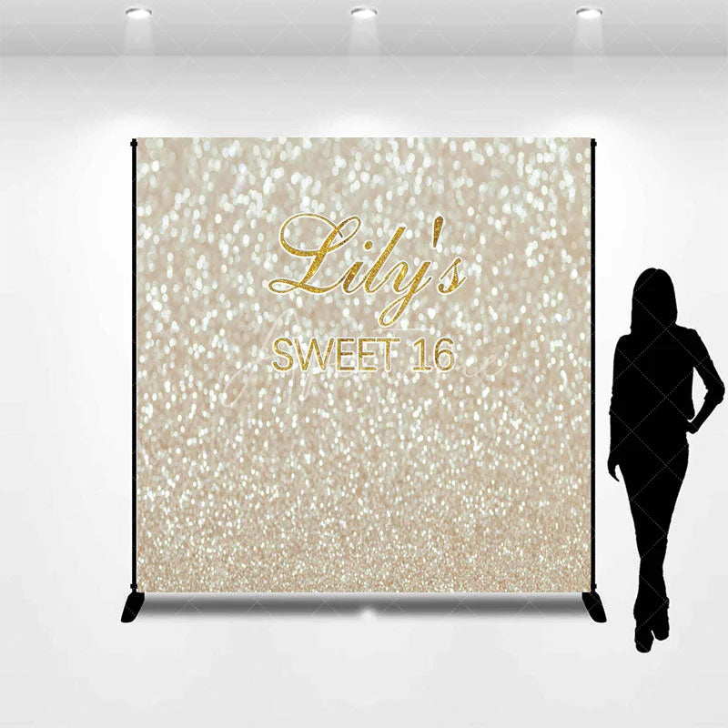 Aperturee - Aperturee Custom Sweet 16 Backdrop Gold Glittery Bokeh Spots Background Personalized Name Sixteenth Birthday Party Decoration