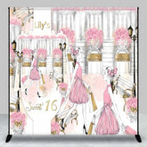 Aperturee - Aperturee Custom Sweet 16 Backdrop Pink Fashion Girl Shopping in Paris with Roses and Bench Background