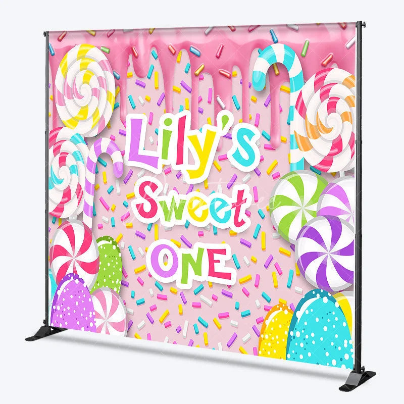 Aperturee - Aperturee Custom Sweet One First Birthday Backdrop Pink Candy Land with Colorful Lollipops and Sprinkles Decor