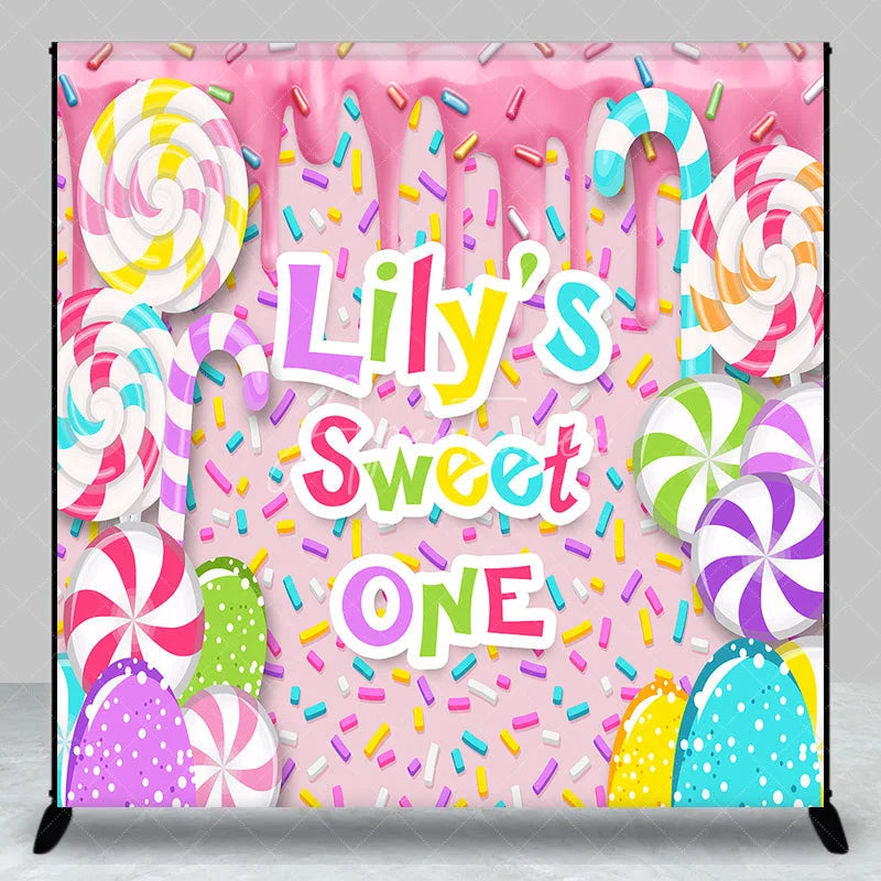 Aperturee - Aperturee Custom Sweet One First Birthday Backdrop Pink Candy Land with Colorful Lollipops and Sprinkles Decor