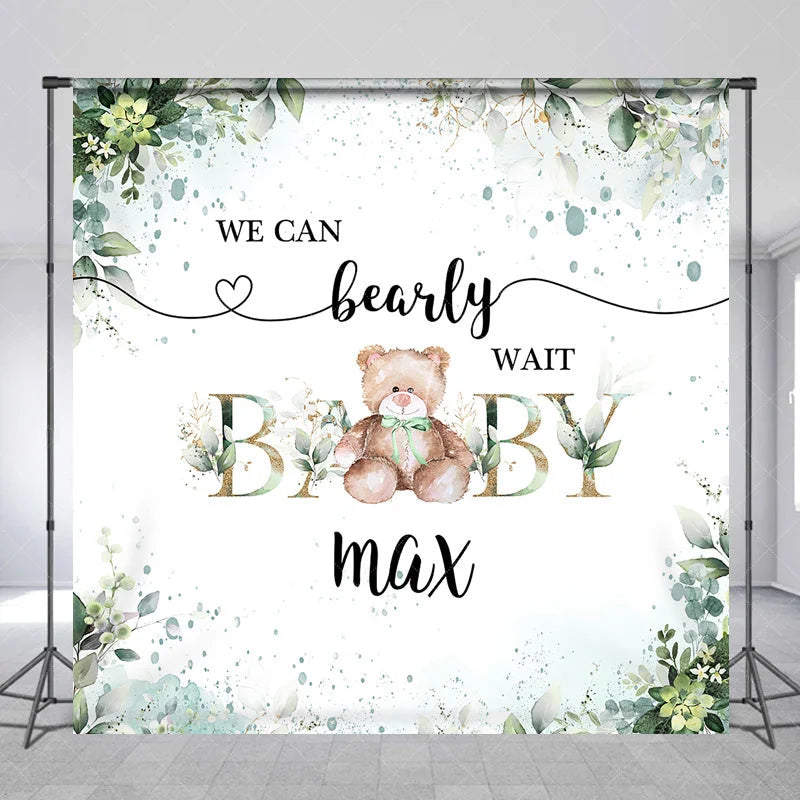 Aperturee - Aperturee Custom Teddy Bear Backdrop Personalized Eucalyptus Greenery Baby Shower Party Supplies