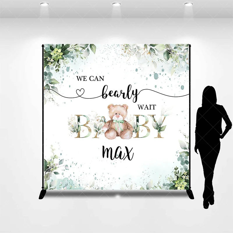 Aperturee - Aperturee Custom Teddy Bear Backdrop Personalized Eucalyptus Greenery Baby Shower Party Supplies