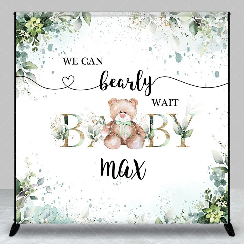 Aperturee - Aperturee Custom Teddy Bear Backdrop Personalized Eucalyptus Greenery Baby Shower Party Supplies