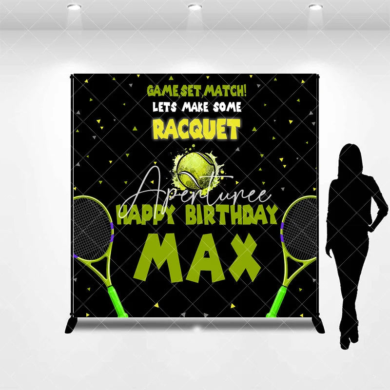 Aperturee - Aperturee Custom Tennis Theme Happy Birthday Backdrop with Rackets and Ball Game Set Match Party Decor