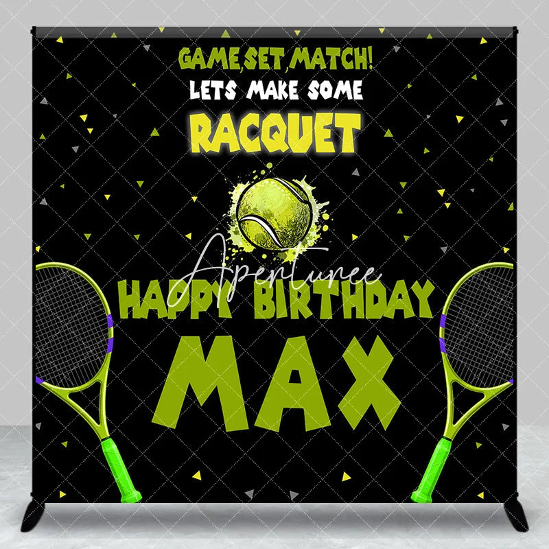 Aperturee - Aperturee Custom Tennis Theme Happy Birthday Backdrop with Rackets and Ball Game Set Match Party Decor