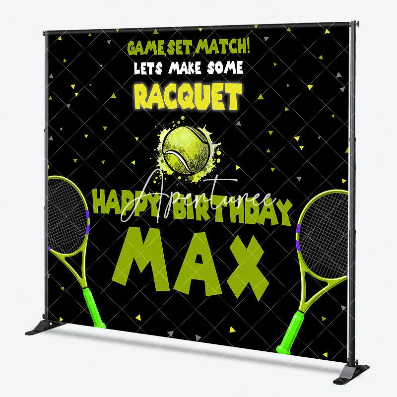 Aperturee - Aperturee Custom Tennis Theme Happy Birthday Backdrop with Rackets and Ball Game Set Match Party Decor