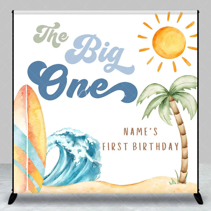 Aperturee - Aperturee Custom The Big One Birthday Backdrop Summer Beach Surfboard Wave Background Personalized Name 1st Birthday Decoration