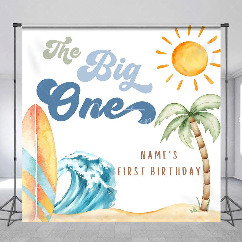Aperturee - Aperturee Custom The Big One Birthday Backdrop Summer Beach Surfboard Wave Background Personalized Name 1st Birthday Decoration