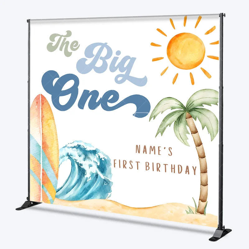 Aperturee - Aperturee Custom The Big One Birthday Backdrop Summer Beach Surfboard Wave Background Personalized Name 1st Birthday Decoration