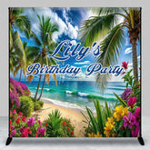 Aperturee - Aperturee Custom Tropical Beach Birthday Party Backdrop Palm Trees and Vibrant Flowers for Party and Photo
