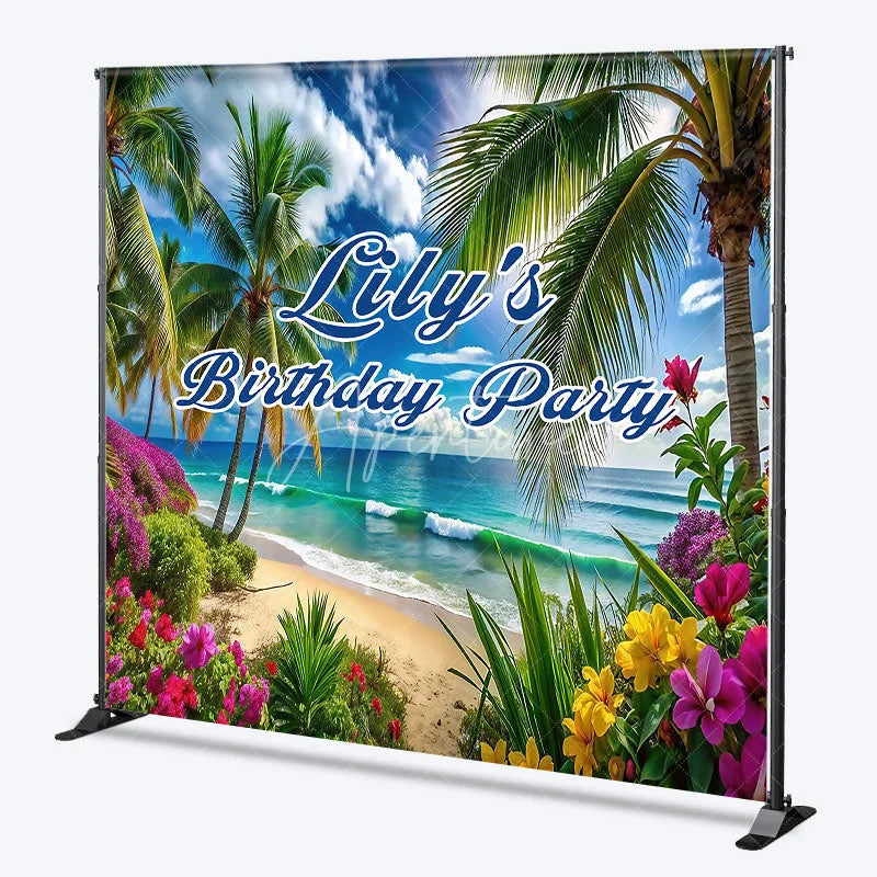 Aperturee - Aperturee Custom Tropical Beach Birthday Party Backdrop Palm Trees and Vibrant Flowers for Party and Photo