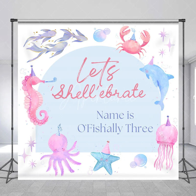 Aperturee - Aperturee Custom Under The Sea Birthday Backdrop Watercolor Ocean Animals Party Hats Background Personalized Name Shell-ebrate