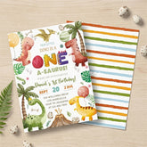 Aperturee - Aperturee Custom Watercolor Set of 20 Dinosaur One A-Saurus 1st Birthday Invitation Jungle Theme Party Supplies for Kids