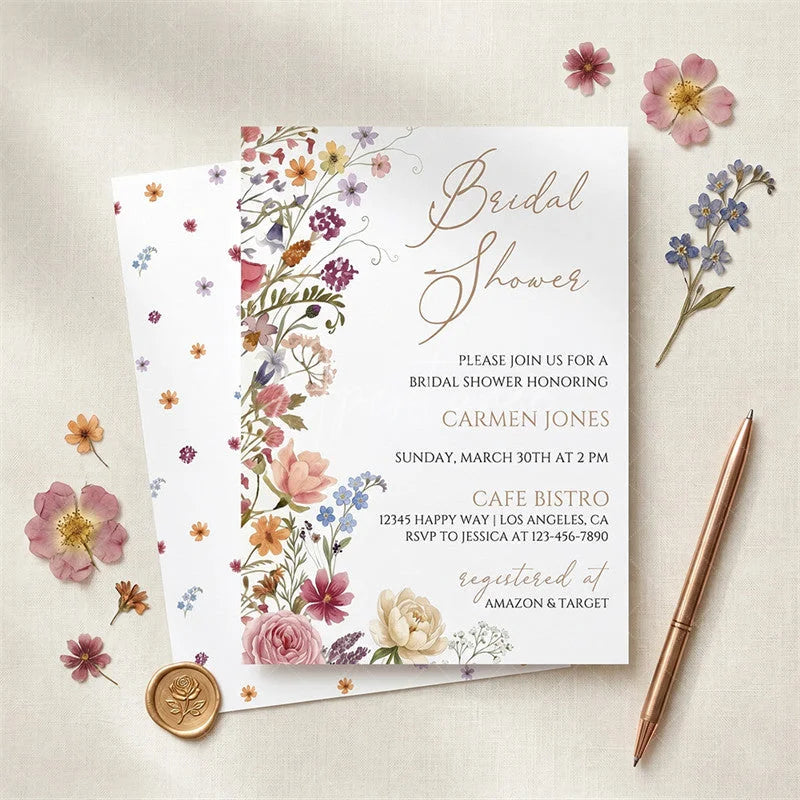 Aperturee - Aperturee Custom Watercolor Set of 20 Wildflower Bridal Shower Invitation Elegant Floral Garden Party Design