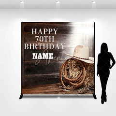 Aperturee - Aperturee Custom Western Happy 70th Birthday Backdrop with Rustic Wood Planks Cowboy Hat and Hay Bale Decor