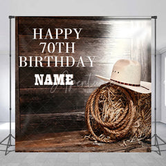 Aperturee - Aperturee Custom Western Happy 70th Birthday Backdrop with Rustic Wood Planks Cowboy Hat and Hay Bale Decor