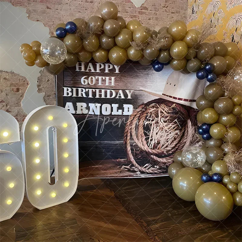 Aperturee - Aperturee Custom Western Happy 70th Birthday Backdrop with Rustic Wood Planks Cowboy Hat and Hay Bale Decor
