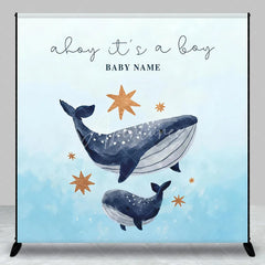 Aperturee - Aperturee Custom Whale Baby Shower Backdrop Personalized Ahoy Its a Boy Nautical Theme Party