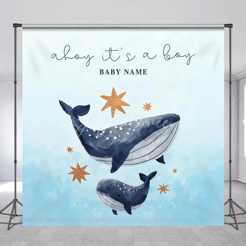 Aperturee - Aperturee Custom Whale Baby Shower Backdrop Personalized Ahoy Its a Boy Nautical Theme Party