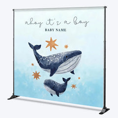 Aperturee - Aperturee Custom Whale Baby Shower Backdrop Personalized Ahoy Its a Boy Nautical Theme Party