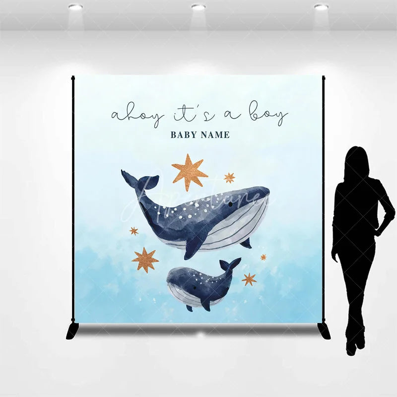 Aperturee - Aperturee Custom Whale Baby Shower Backdrop Personalized Ahoy Its a Boy Nautical Theme Party