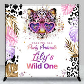 Aperturee - Aperturee Custom Wild One 1st Birthday Backdrop Leopard with Heart Glasses and Tropical Leaves Party Background