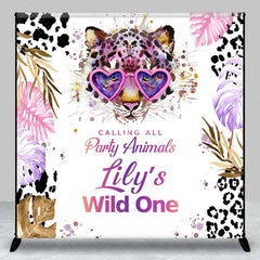 Aperturee - Aperturee Custom Wild One 1st Birthday Backdrop Leopard with Heart Glasses and Tropical Leaves Party Background