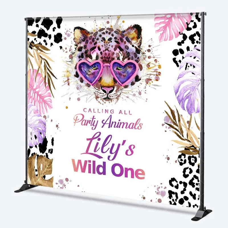 Aperturee - Aperturee Custom Wild One 1st Birthday Backdrop Leopard with Heart Glasses and Tropical Leaves Party Background