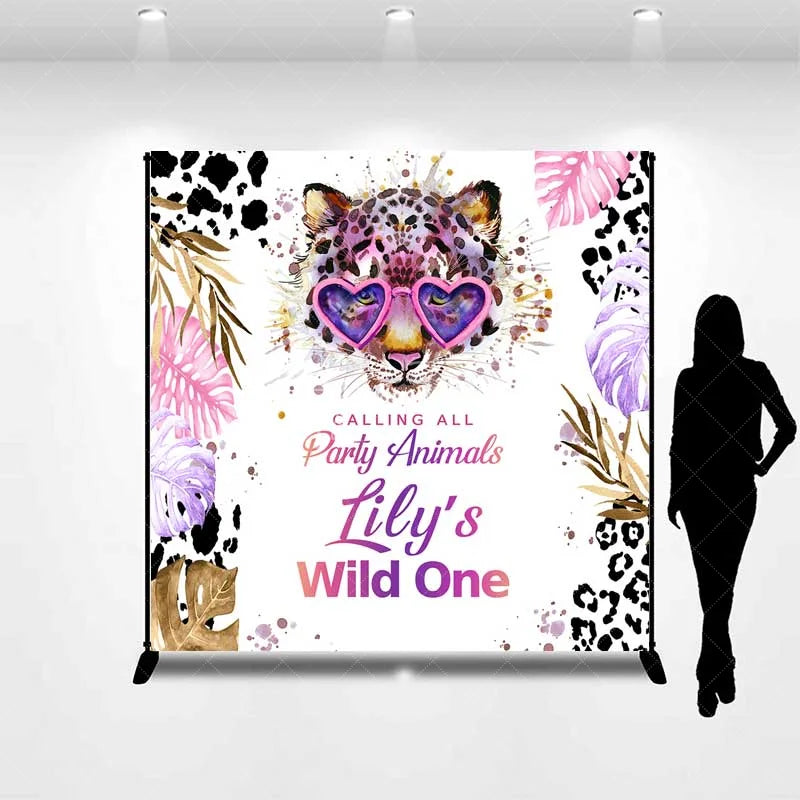 Aperturee - Aperturee Custom Wild One 1st Birthday Backdrop Leopard with Heart Glasses and Tropical Leaves Party Background