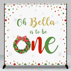 Aperturee - Aperturee Custom Winter First Birthday Backdrop with Christmas Wreath Gold Glitter Snowflakes and Red Green Confetti.