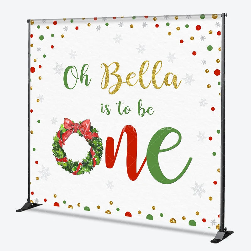 Aperturee - Aperturee Custom Winter First Birthday Backdrop with Christmas Wreath Gold Glitter Snowflakes and Red Green Confetti.