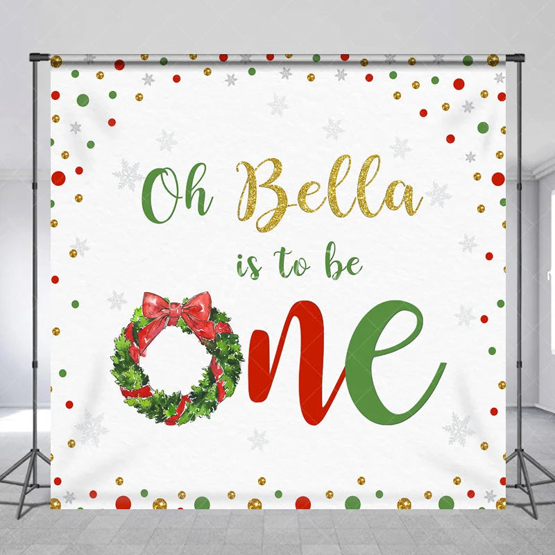 Aperturee - Aperturee Custom Winter First Birthday Backdrop with Christmas Wreath Gold Glitter Snowflakes and Red Green Confetti.