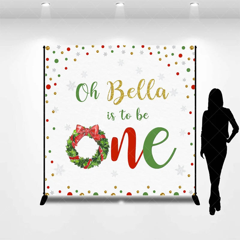 Aperturee - Aperturee Custom Winter First Birthday Backdrop with Christmas Wreath Gold Glitter Snowflakes and Red Green Confetti.