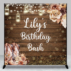 Aperturee - Aperturee Custom Wooden Birthday Bash Backdrop with Rustic Cowboy Boots String Lights and Golden Glitter