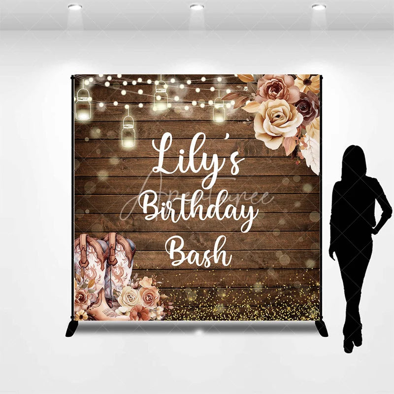 Aperturee - Aperturee Custom Wooden Birthday Bash Backdrop with Rustic Cowboy Boots String Lights and Golden Glitter