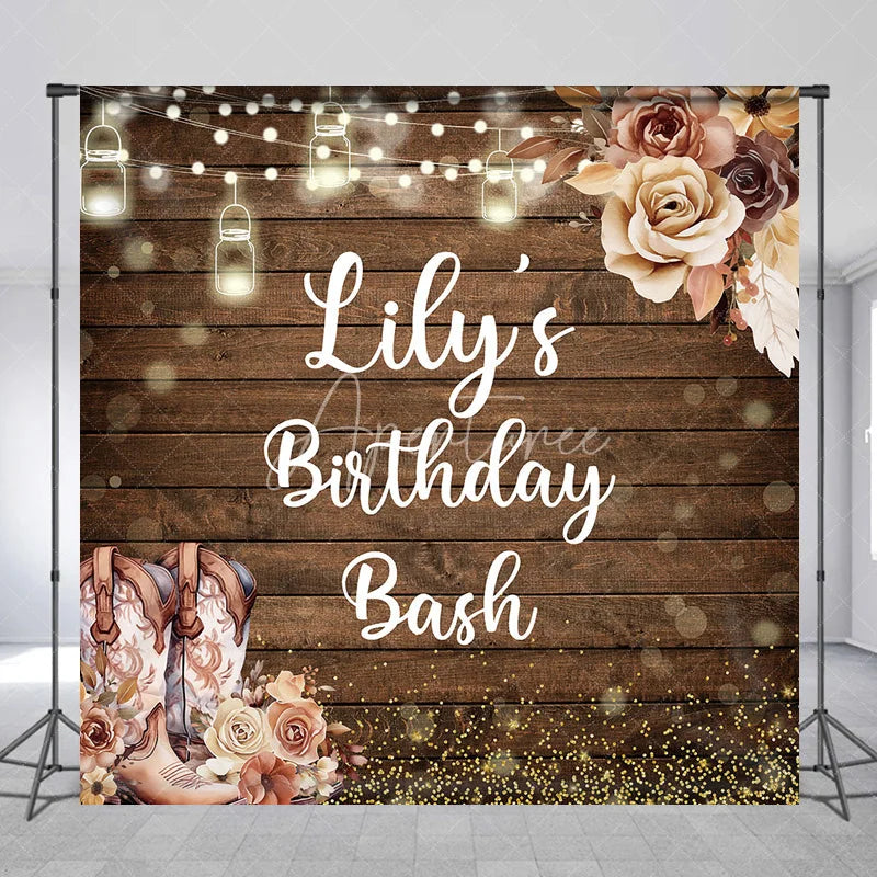 Aperturee - Aperturee Custom Wooden Birthday Bash Backdrop with Rustic Cowboy Boots String Lights and Golden Glitter
