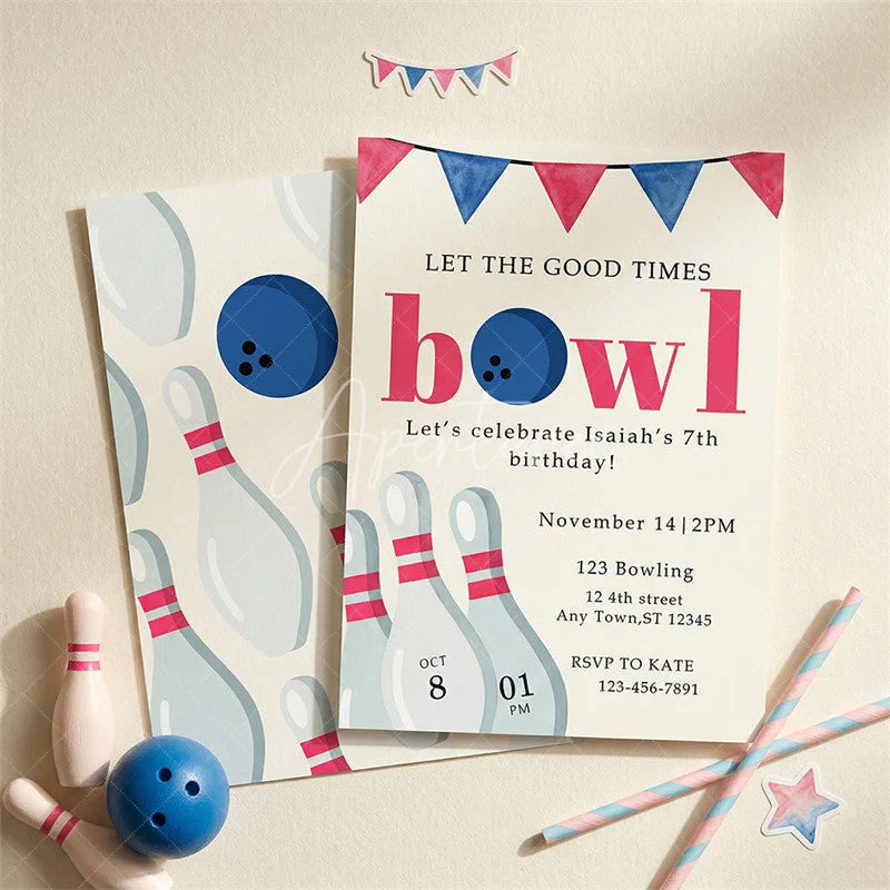 Aperturee - Aperturee Customizable Set of 20 Bowling Party Invitation with Pins and Ball Design Fun Birthday Celebration Invite for Kids