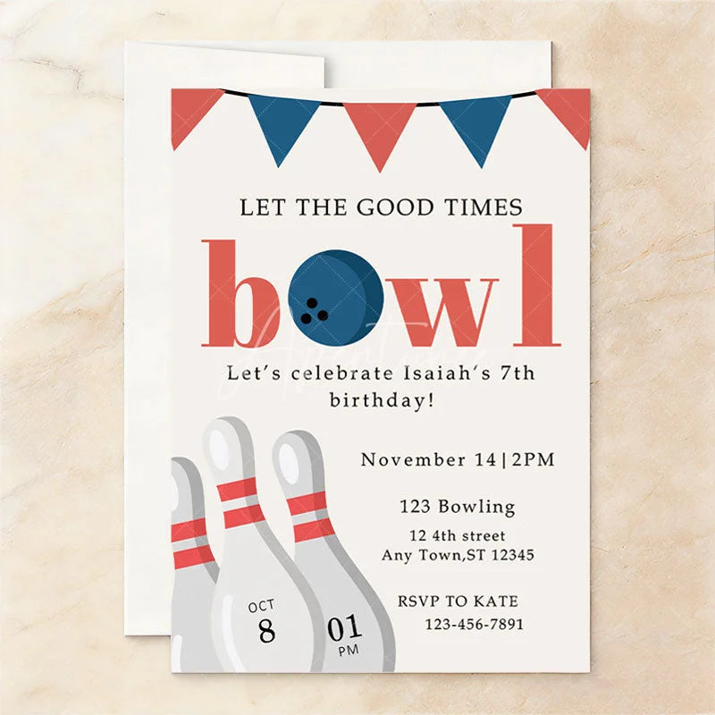 Aperturee - Aperturee Customizable Set of 20 Bowling Party Invitation with Pins and Ball Design Fun Birthday Celebration Invite for Kids