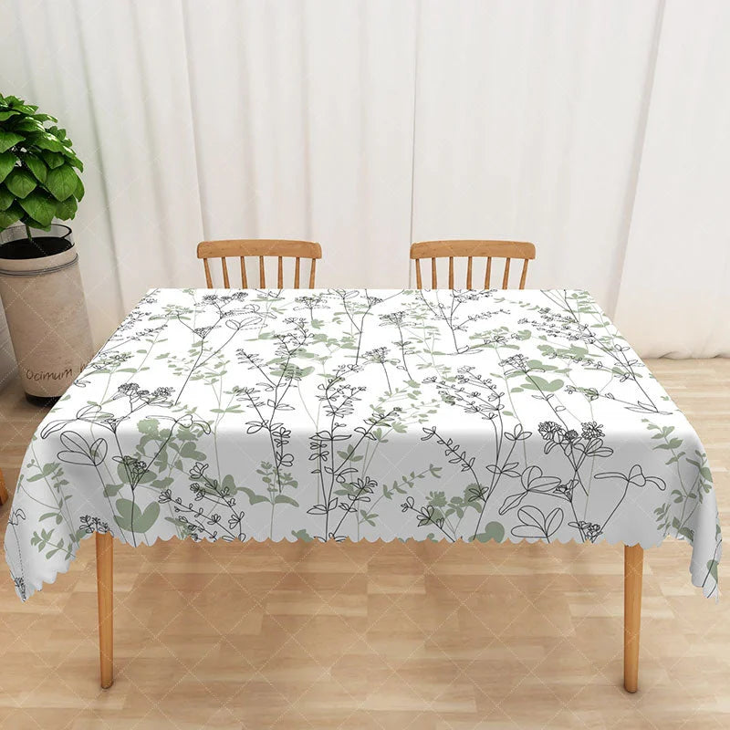 Aperturee - Aperturee Cute and Fresh Boho Rectangle Tablecloth with Spring Plants for Garden Party and Botanical Kitchen Decor