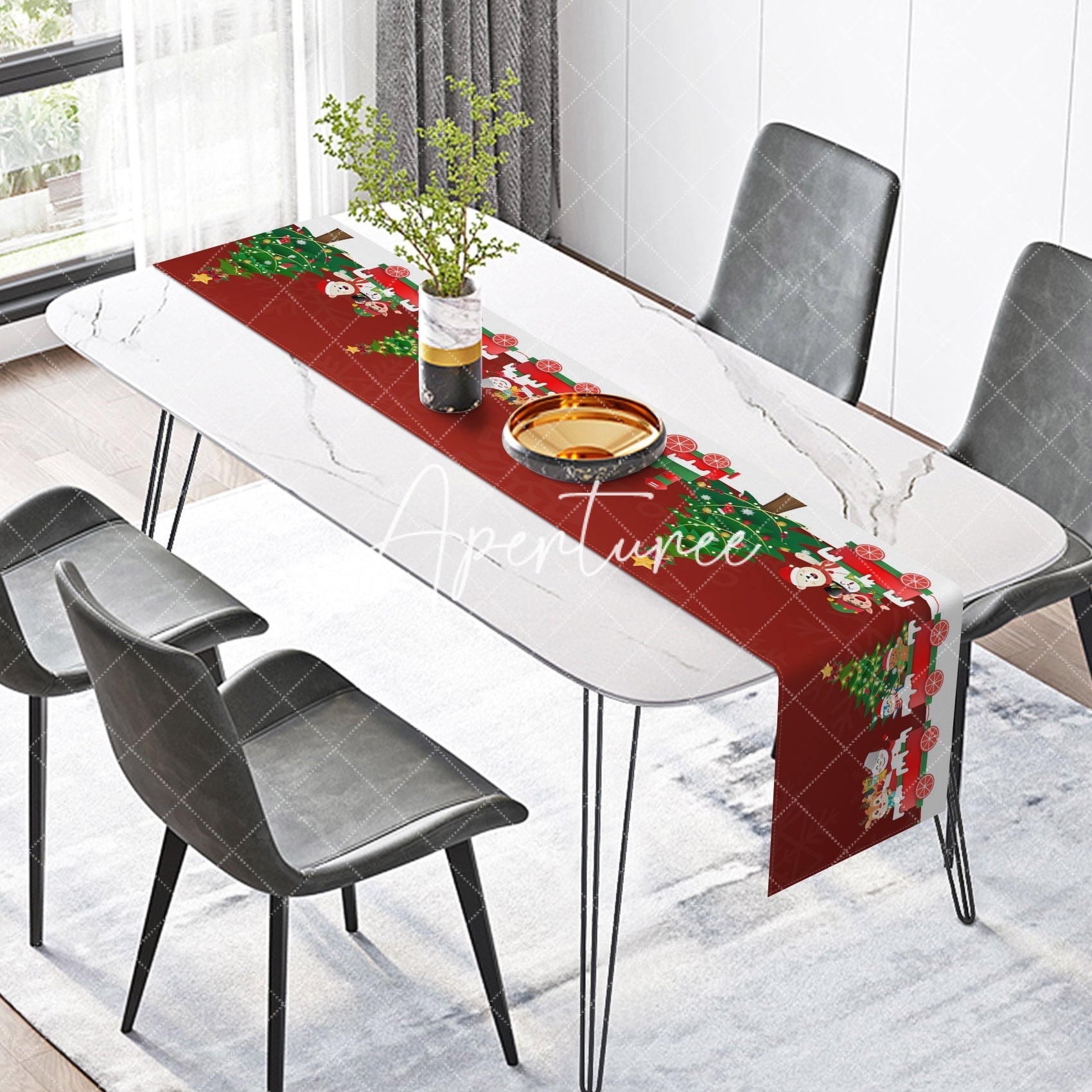 Aperturee - Aperturee Cute Animals Elf Christmas Tree Red Table Runner