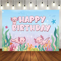 Aperturee - Aperturee Cute Axolotl Happy Birthday Backdrop for Kids Under The Sea Party Banner Pink Cartoon Animal Photo Prop Decor