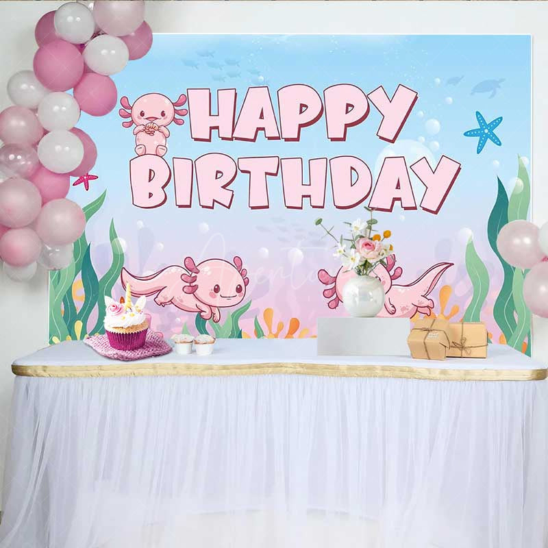 Aperturee - Aperturee Cute Axolotl Happy Birthday Backdrop for Kids Under The Sea Party Banner Pink Cartoon Animal Photo Prop Decor