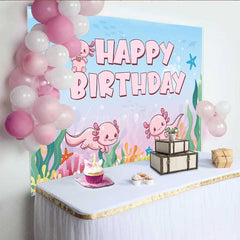 Aperturee - Aperturee Cute Axolotl Happy Birthday Backdrop for Kids Under The Sea Party Banner Pink Cartoon Animal Photo Prop Decor